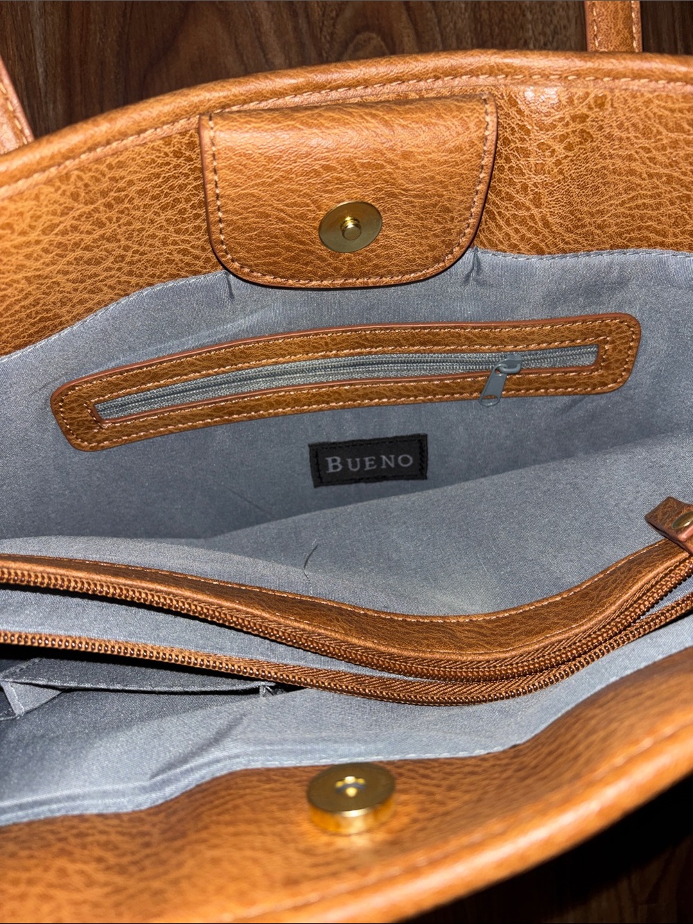 Bueno Light Blue Tote with Tan Trim and Gold Charm - Picture 3 of 5